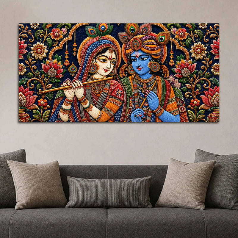Divine Shree Radha Krishna Embroidered Tanjore Style 3D Canvas Wall Painting