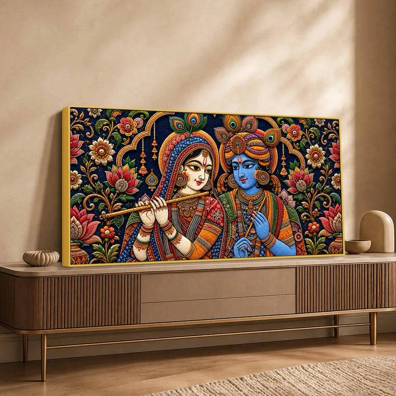 Divine Shree Radha Krishna Embroidered Tanjore Style 3D Canvas Wall Painting