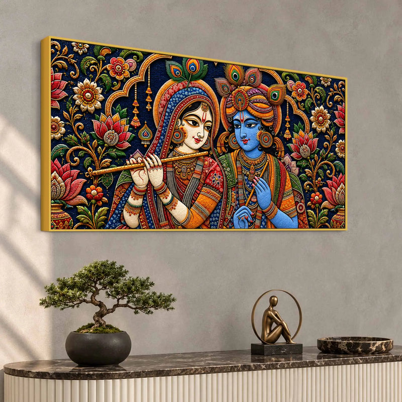 Divine Shree Radha Krishna Embroidered Tanjore Style 3D Canvas Wall Painting