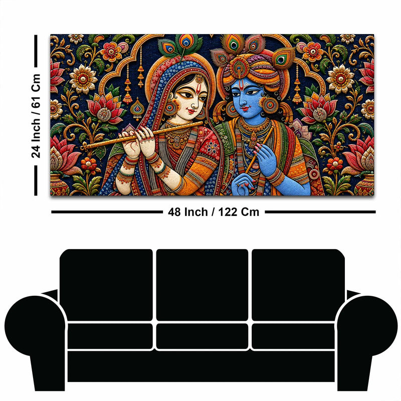 Divine Shree Radha Krishna Embroidered Tanjore Style 3D Canvas Wall Painting