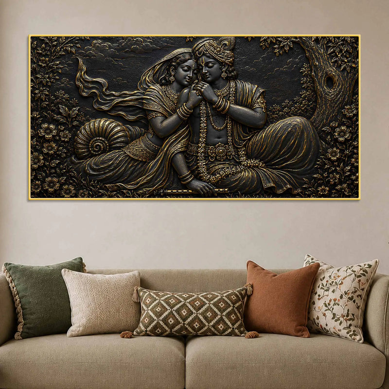 Divine Shree Radha Krishna Eternal Bond Metallic Look 3D Canvas Wall Painting