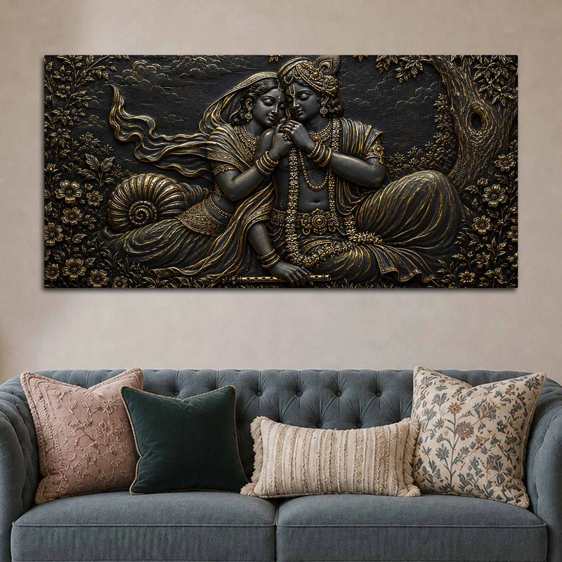 Divine Shree Radha Krishna Eternal Bond Metallic Look 3D Canvas Wall Painting