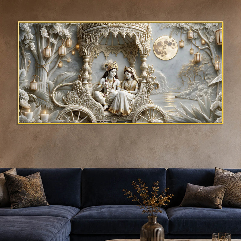 Divine Shree Radha Krishna in Royal Chariot 3D Canvas Wall Painting
