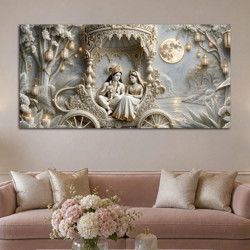 Divine Shree Radha Krishna in Royal Chariot 3D Canvas Wall Painting