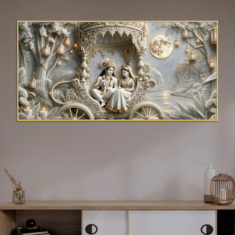 Divine Shree Radha Krishna in Royal Chariot 3D Canvas Wall Painting