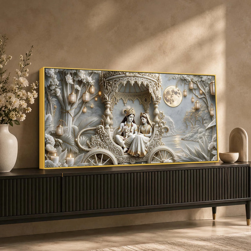 Divine Shree Radha Krishna in Royal Chariot 3D Canvas Wall Painting