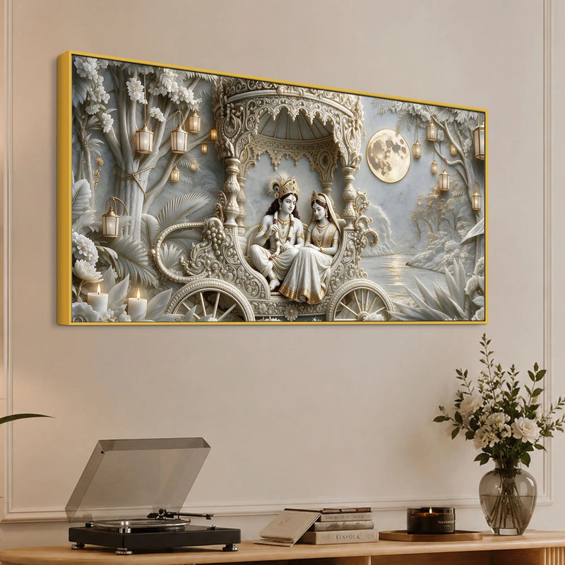 Divine Shree Radha Krishna in Royal Chariot 3D Canvas Wall Painting