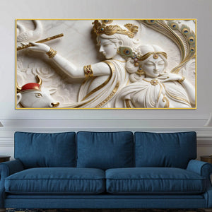 Divine Shree Radha Krishna Marble Relief 3D Canvas Wall Painting