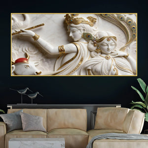 Divine Shree Radha Krishna Marble Relief 3D Effect Canvas Wall Painting