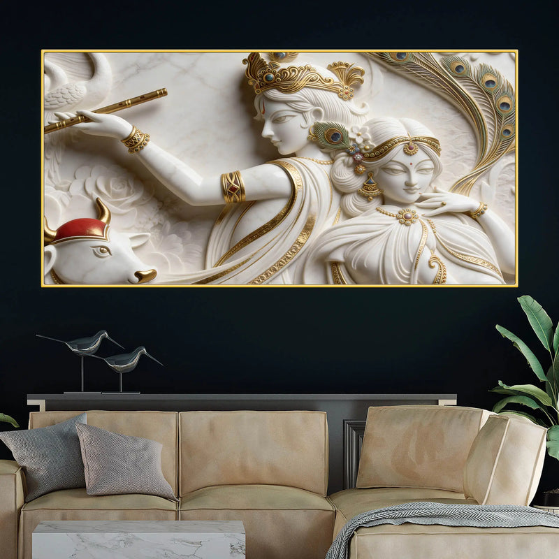 Divine Shree Radha Krishna Marble Relief 3D Effect Canvas Wall Painting