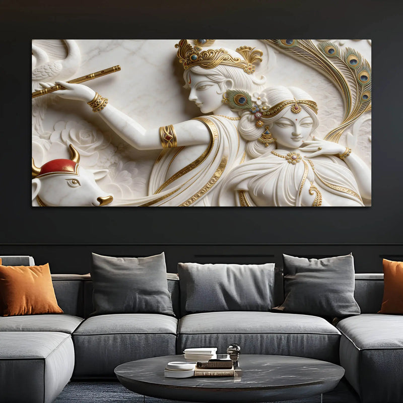 Divine Shree Radha Krishna Marble Relief 3D Effect Canvas Wall Painting