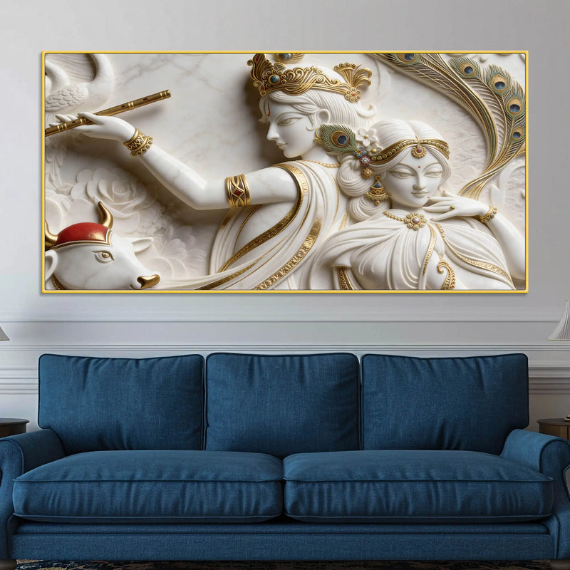 Divine Shree Radha Krishna Marble Relief 3D Effect Canvas Wall Painting