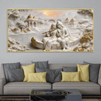 Divine Shree Radha Krishna on Boat in Sacred Lake 3D Canvas Wall Painting