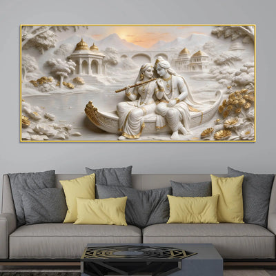 Divine Shree Radha Krishna on Boat in Sacred Lake 3D Canvas Wall Painting
