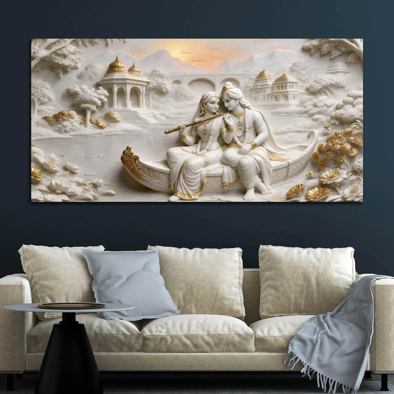 Divine Shree Radha Krishna on Boat in Sacred Lake 3D Canvas Wall Painting