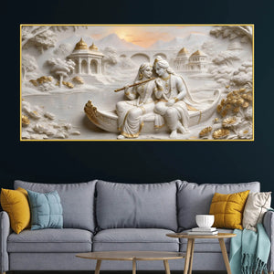 Divine Shree Radha Krishna on Boat in Sacred Lake 3D Canvas Wall Painting