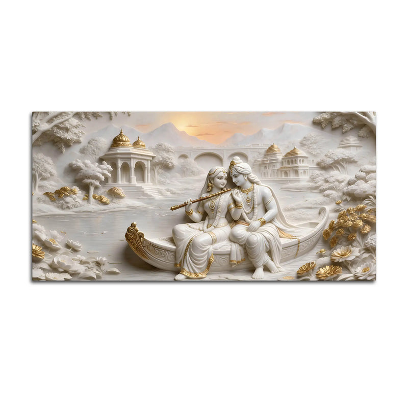 Divine Shree Radha Krishna on Boat in Sacred Lake 3D Canvas Wall Painting