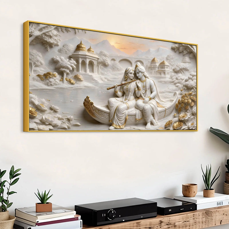 Divine Shree Radha Krishna on Boat in Sacred Lake 3D Canvas Wall Painting