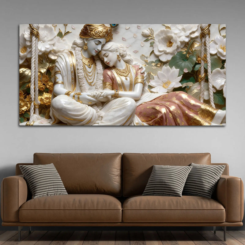 Divine Shree Radha Krishna on Floral Swing 3D Canvas Wall Painting