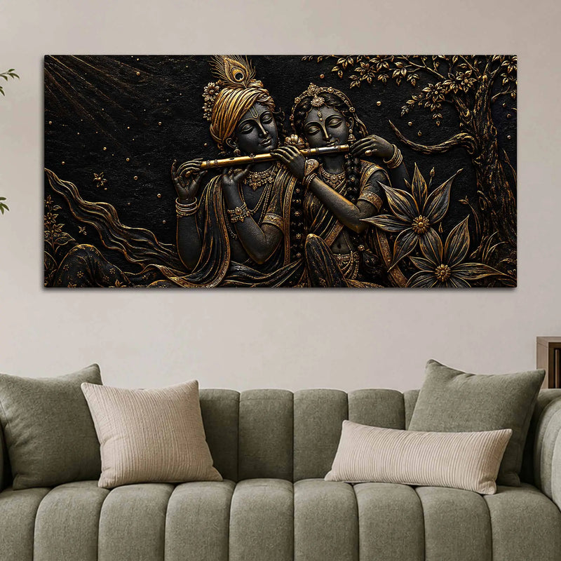 Divine Shree Radha Krishna Playing Flute Metallic Look 3D Canvas Wall Painting