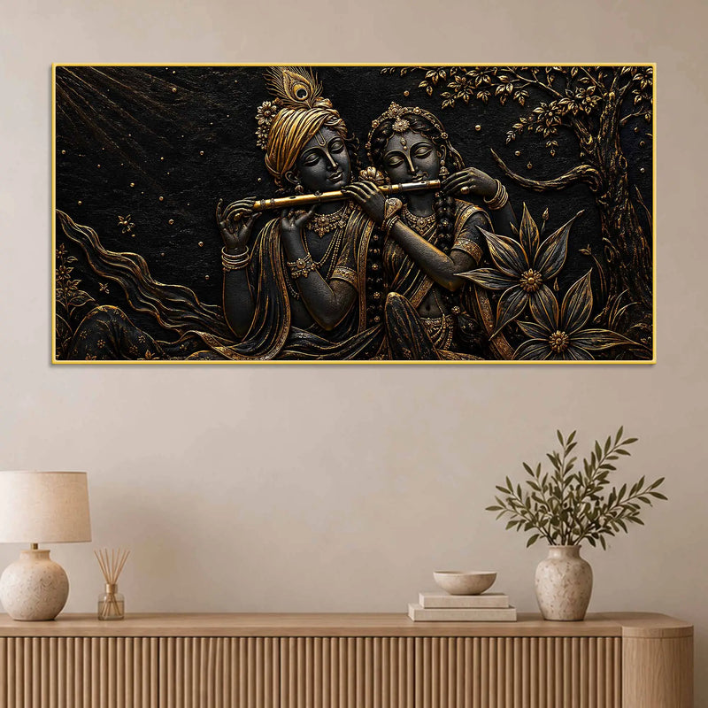 Divine Shree Radha Krishna Playing Flute Metallic Look 3D Canvas Wall Painting