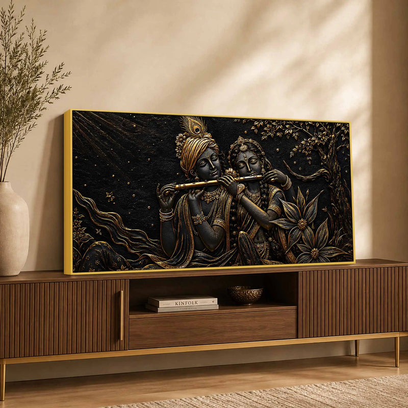 Divine Shree Radha Krishna Playing Flute Metallic Look 3D Canvas Wall Painting