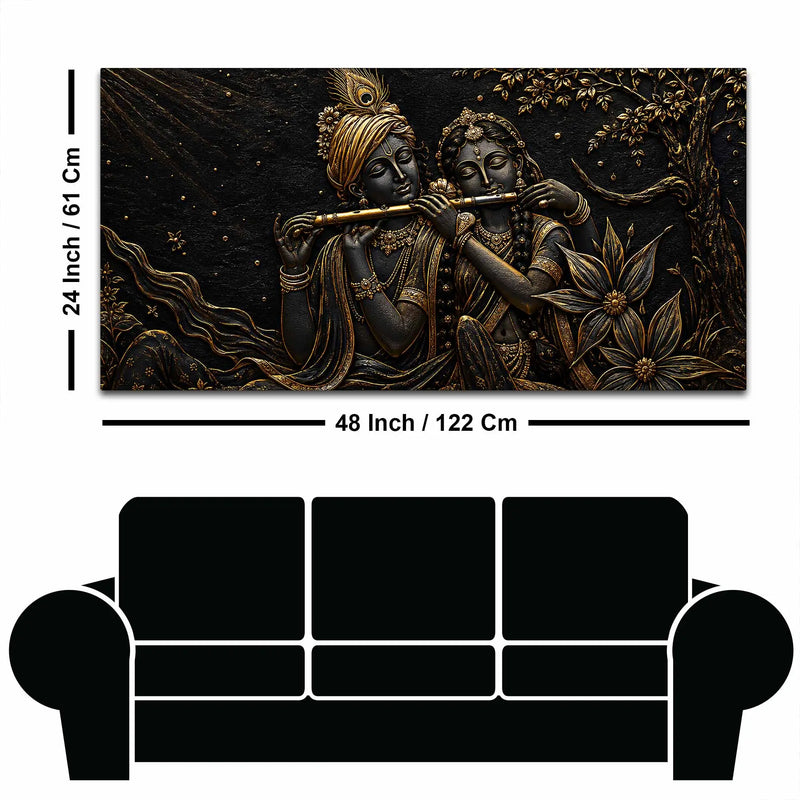 Divine Shree Radha Krishna Playing Flute Metallic Look 3D Canvas Wall Painting