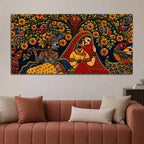 Divine Shree Radha Krishna with Birds in Floral Garden Tanjore Style 3D Canvas Painting