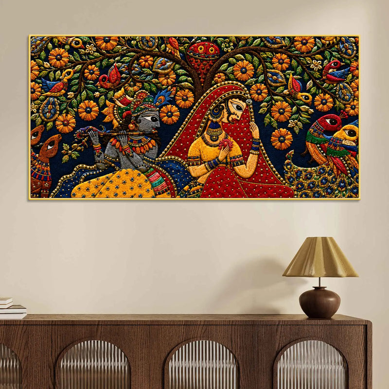 Divine Shree Radha Krishna with Birds in Floral Garden Tanjore Style 3D Canvas Painting
