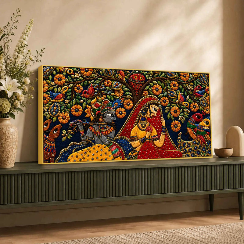 Divine Shree Radha Krishna with Birds in Floral Garden Tanjore Style 3D Canvas Painting