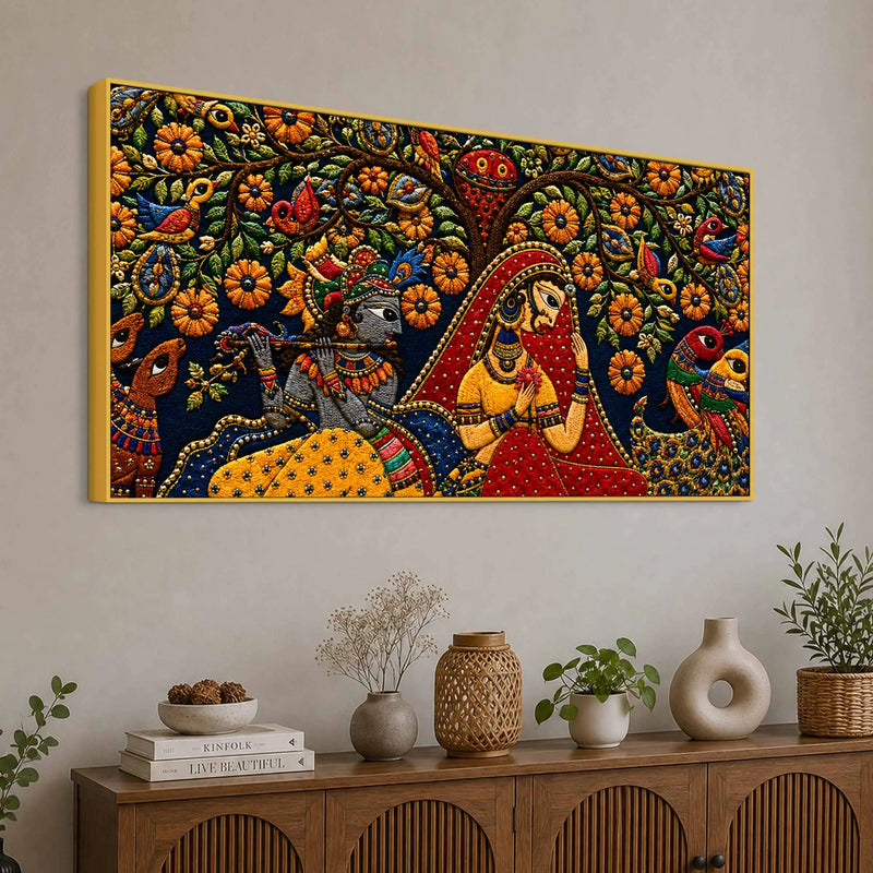 Divine Shree Radha Krishna with Birds in Floral Garden Tanjore Style 3D Canvas Painting