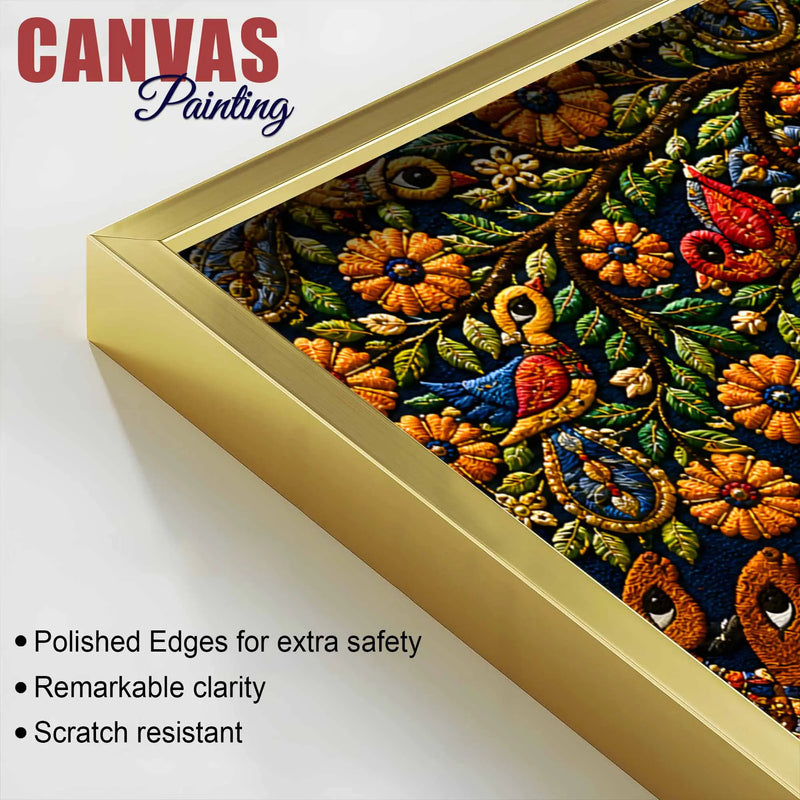 Divine Shree Radha Krishna with Birds in Floral Garden Tanjore Style 3D Canvas Painting