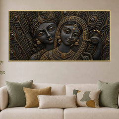 Divine Shree Radha Krishna with Peacock Metallic Look 3D Canvas Wall Painting