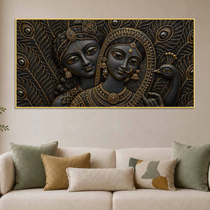 Divine Shree Radha Krishna with Peacock Metallic Look 3D Canvas Wall Painting