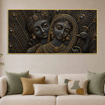 Divine Shree Radha Krishna with Peacock Metallic Look 3D Canvas Wall Painting