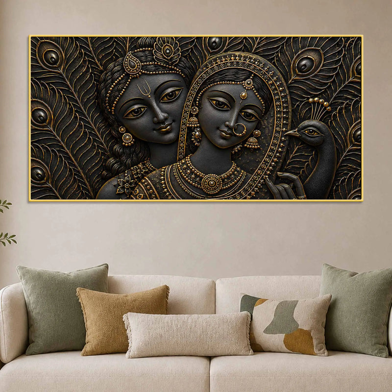 Divine Shree Radha Krishna with Peacock Metallic Look 3D Canvas Wall Painting