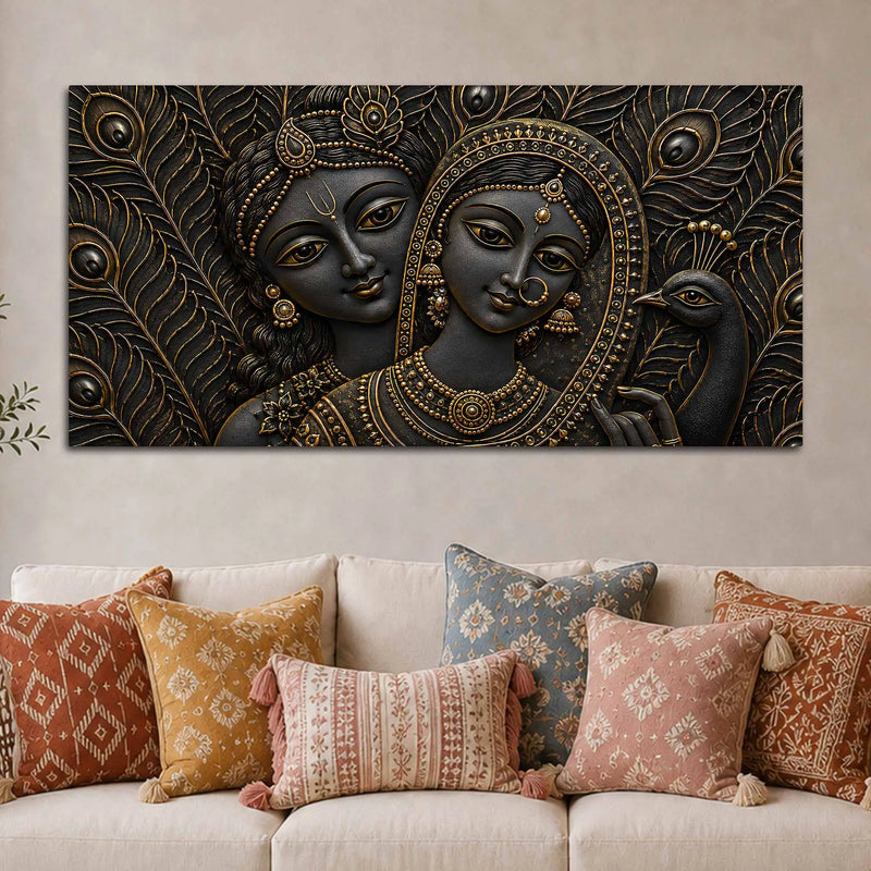 Divine Shree Radha Krishna with Peacock Metallic Look 3D Canvas Wall Painting