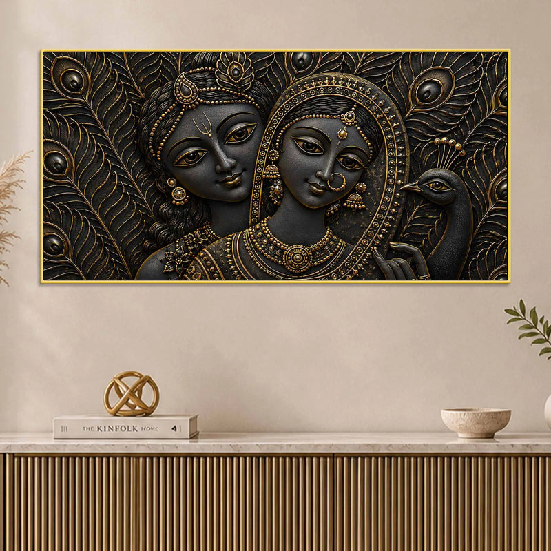 Divine Shree Radha Krishna with Peacock Metallic Look 3D Canvas Wall Painting