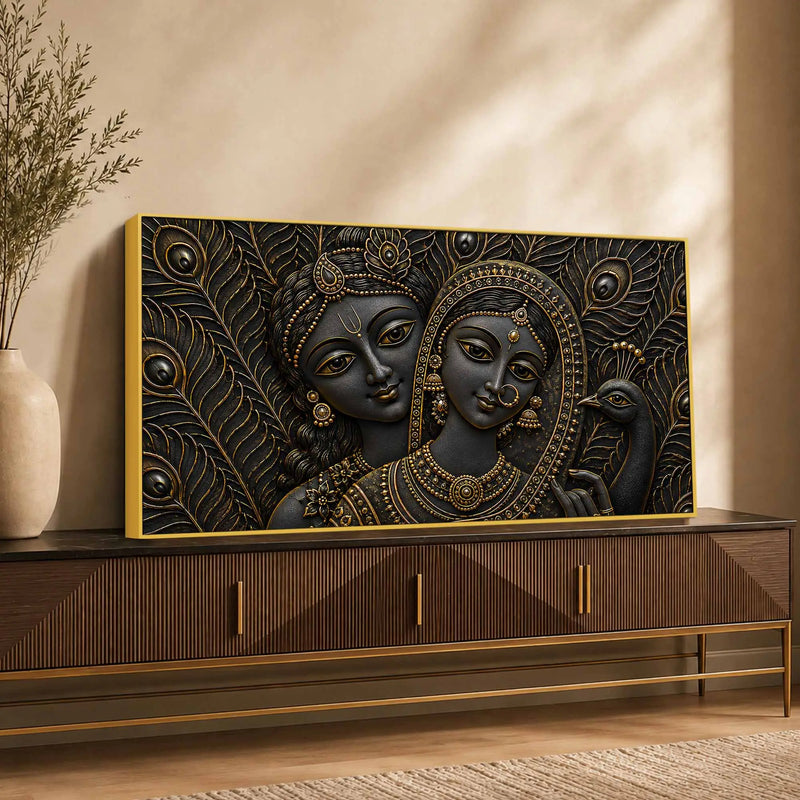 Divine Shree Radha Krishna with Peacock Metallic Look 3D Canvas Wall Painting