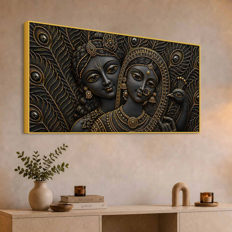 Divine Shree Radha Krishna with Peacock Metallic Look 3D Canvas Wall Painting