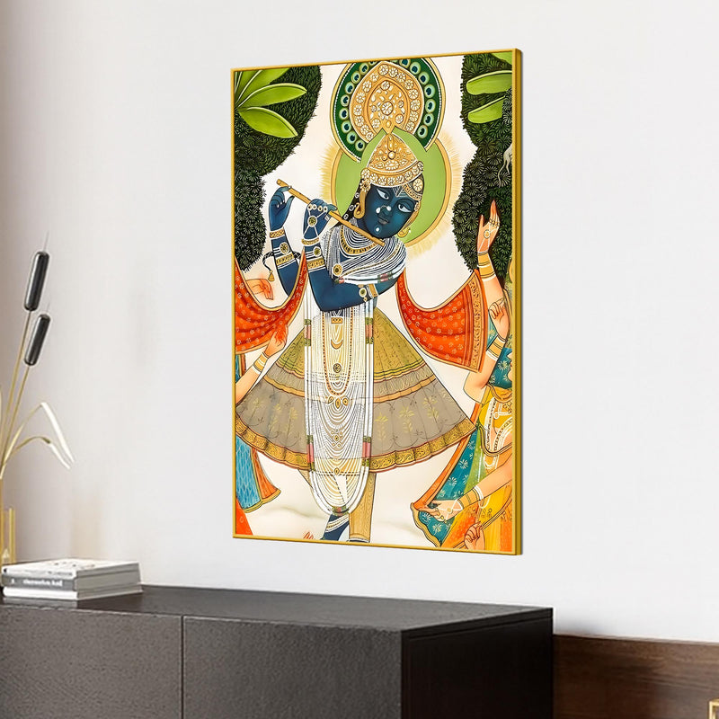 Divine Shreenathji Playing Flute Pichwai Style Canvas Wall Painting