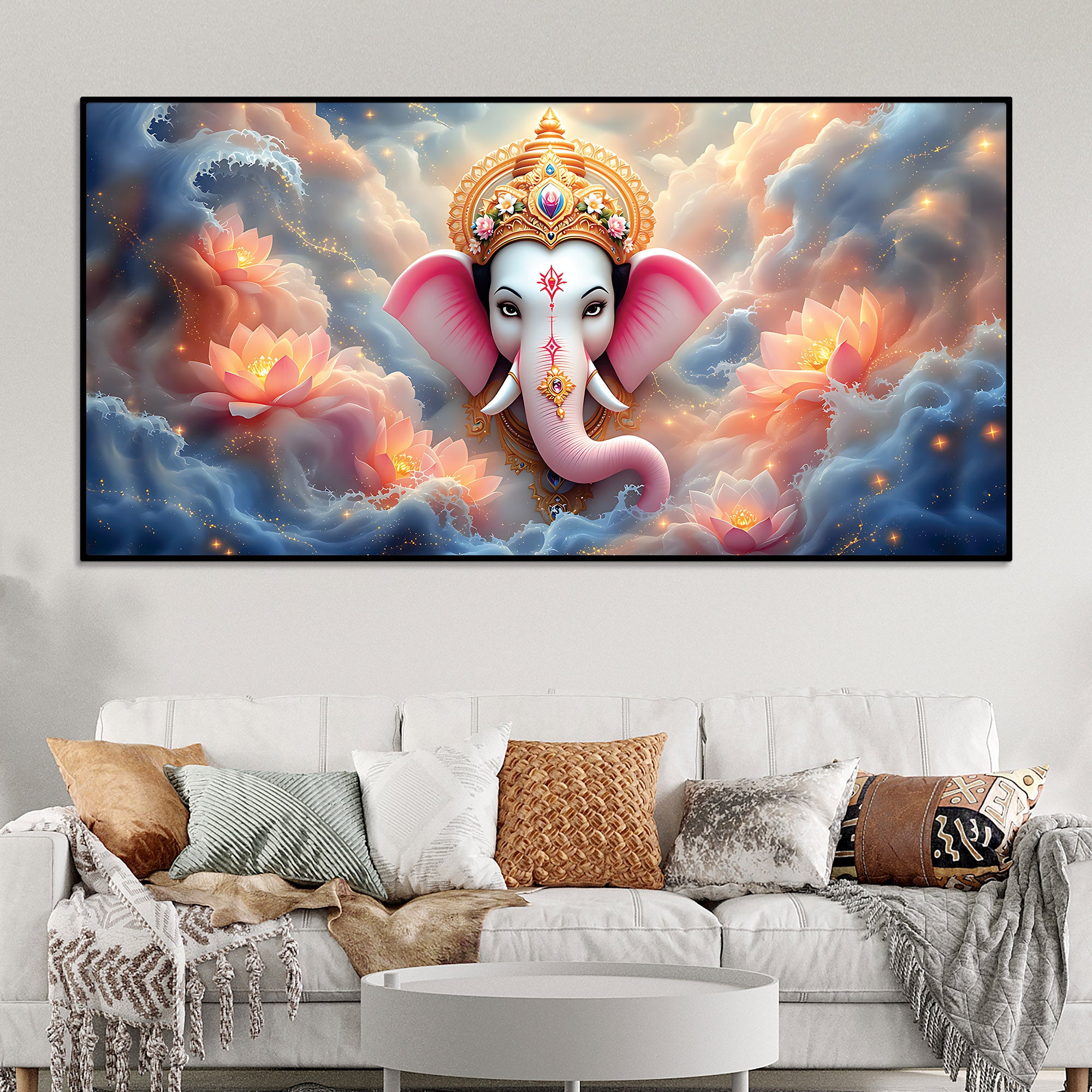 Divine Shri Ganesha in Celestial Clouds & Pink Lotus Marvellous Canvas Wall Painting for Home & Office Decor – Modern Devotional Wall Art