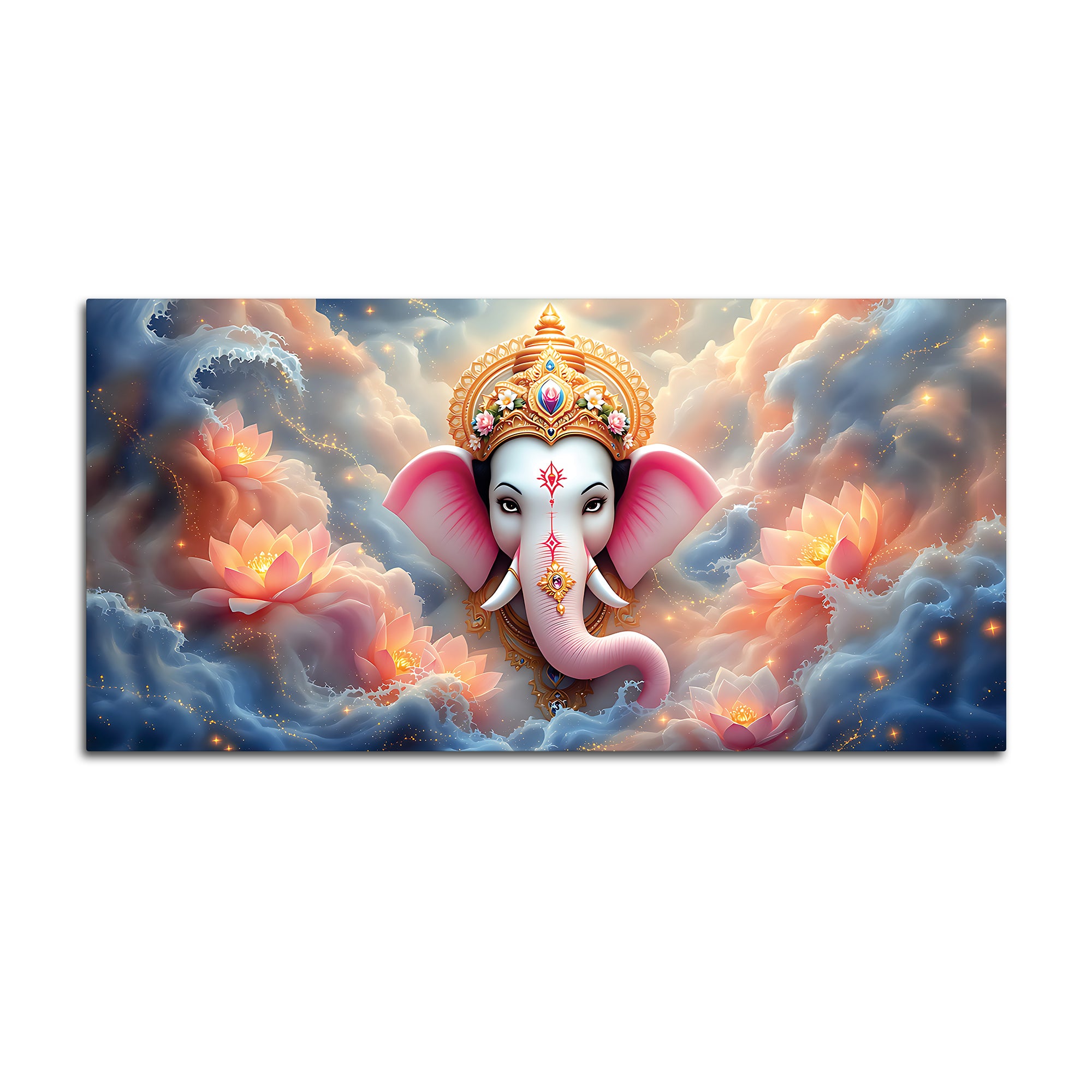 Divine Shri Ganesha in Celestial Clouds & Pink Lotus Marvellous Canvas Wall Painting for Home & Office Decor – Modern Devotional Wall Art
