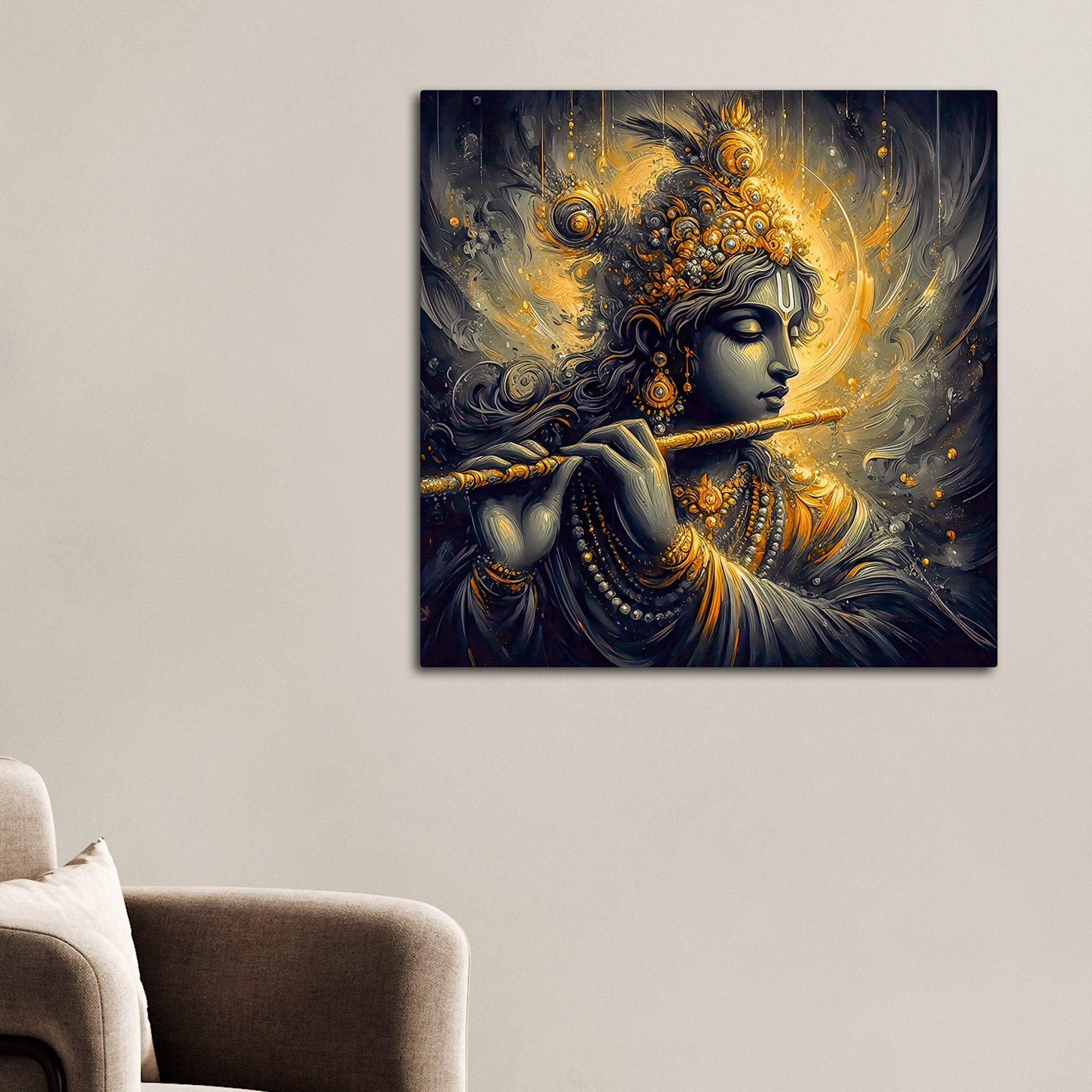 Divine Shri Krishna Playing Flute Canvas Wall Painting