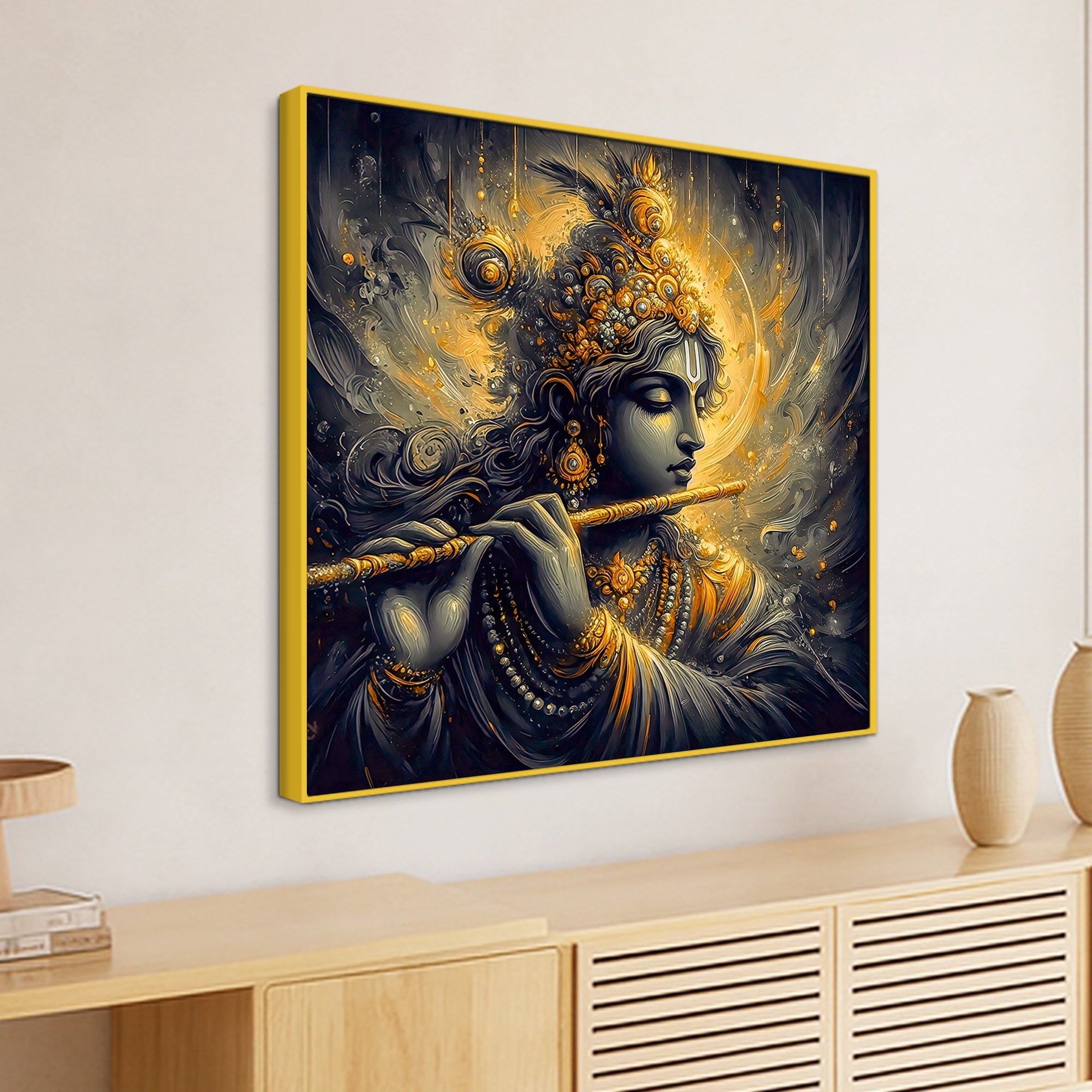 Divine Shri Krishna Playing Flute Canvas Wall Painting