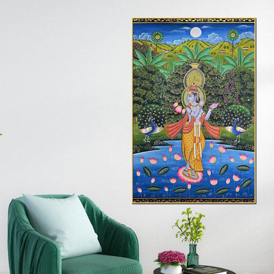 divine-shri-krishna-playing-flute-in-lotus-pond-pichwai-style-canvas-wall-painting-decor