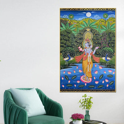Divine Shri Krishna Playing Flute In Lotus Pond Pichwai Style Canvas Wall Painting