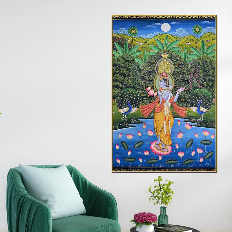 Divine Shri Krishna Playing Flute In Lotus Pond Pichwai Style Canvas Wall Painting