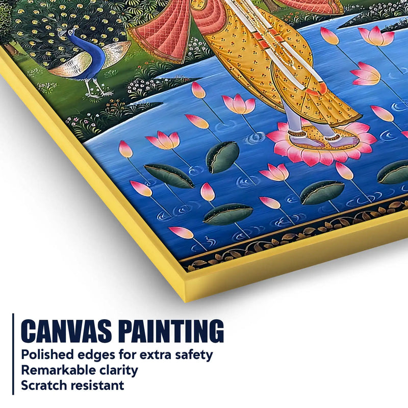 Divine Shri Krishna Playing Flute In Lotus Pond Pichwai Style Canvas Wall Painting