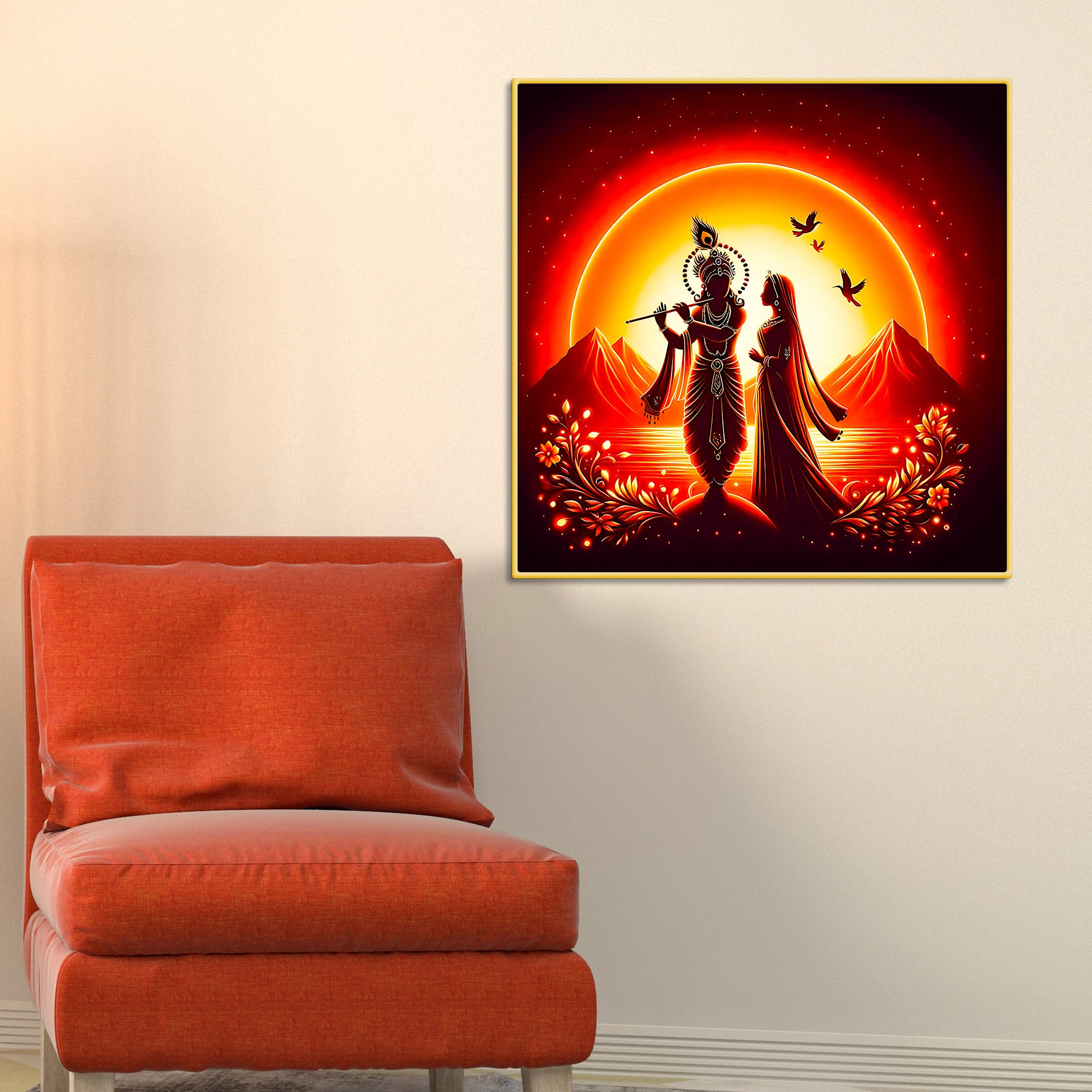 Divine Shri Radha Krishna Sunset Silhouette Wall Painting for Home Interior – Modern Devotional Canvas Wall Art